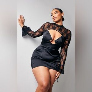 PLUS BLACK SATIN LACE DETAIL RUCHED BODYCON DRESS size 20 NWT